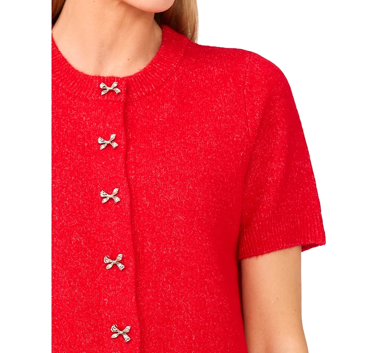 CeCe Women's Short Sleeve Bow Button Cardigan Sweater