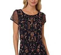 Adrianna Papell Women's Boat-Neck Short-Sleeve Beaded Blouson Gown