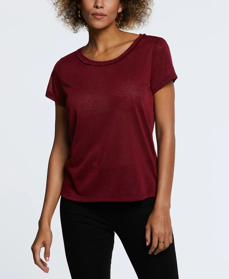 Ella Rafaella Petite Short Sleeve Decorative Trim Top