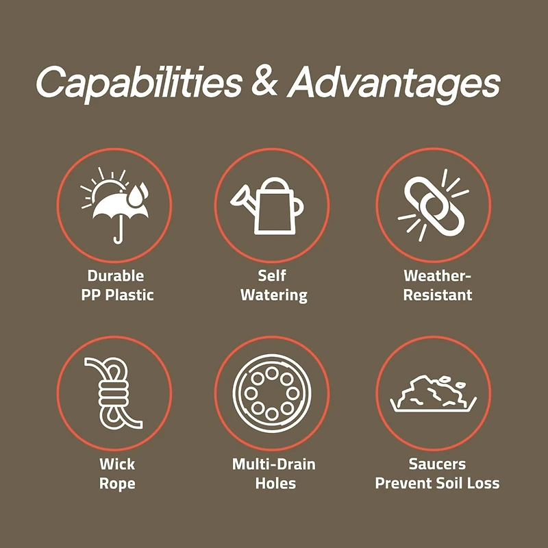 Lifemaster Black Self Watering Pots Pack, Indoor and Outdoor Plant Pots with Wick Rope & Drainage Holes, Easy Watering Lip