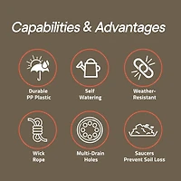 Lifemaster Black Self Watering Pots Pack, Indoor and Outdoor Plant Pots with Wick Rope & Drainage Holes, Easy Watering Lip