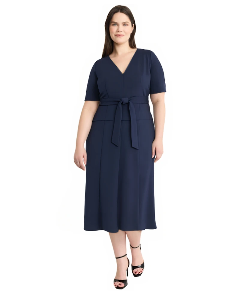Maggy London Plus Short Sleeve Tie Waist Midi Dress