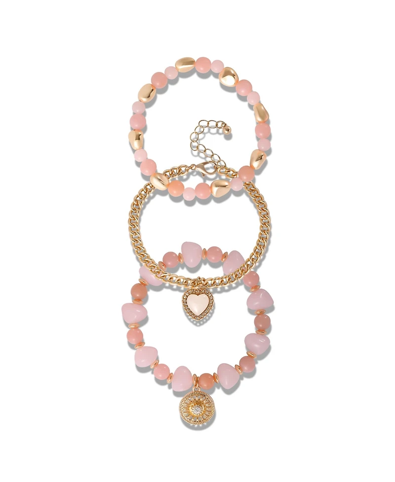 Jessica Simpson Set of 3 Pink and Gold-Tone Beaded Stretch Bracelets