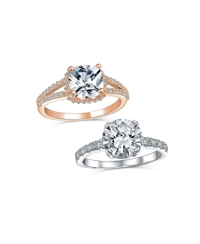 Bling Jewelry 2-Pc. Sterling Silver Cz Promise Rings in Silver or Rose Gold with Cushion-Cut Solitaire & Pave Band