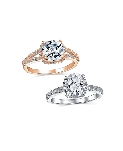 Bling Jewelry 2-Pc. Sterling Silver Cz Promise Rings in Silver or Rose Gold with Cushion-Cut Solitaire & Pave Band