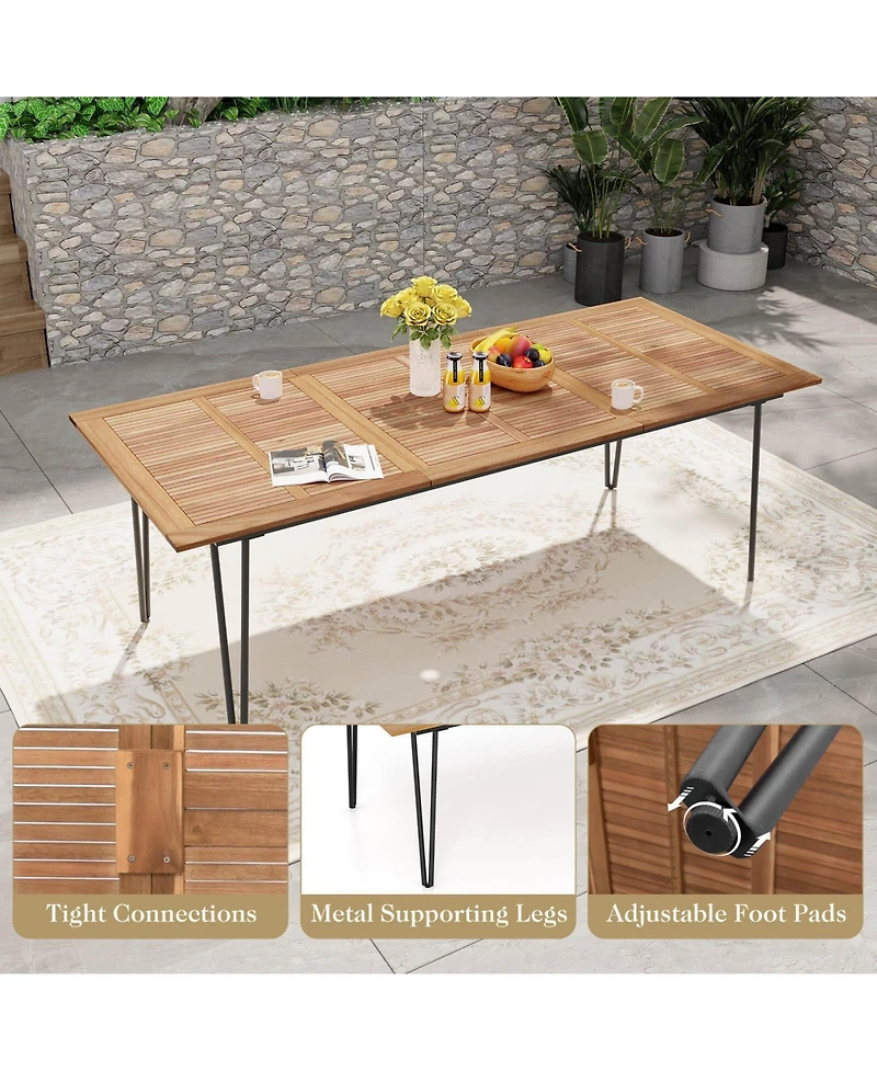 86.5-Inch Outdoor Dining Table with Acacia Wood Tabletop & Metal Legs Umbrella Hole