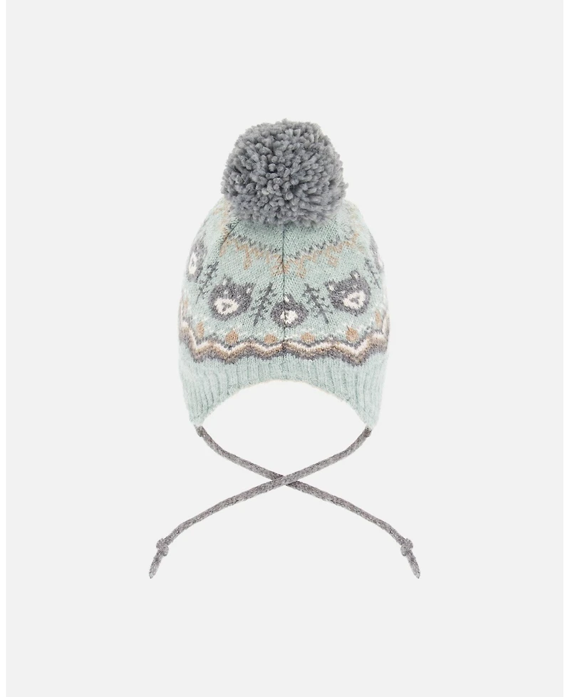 Deux par Boy Lined Peruvian Knit Pompom Hat Gray and Sage - Toddler|Child