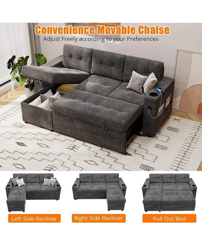 gaomon 84 Inch Dark Grey L-Shaped Sofa Bed with Pull-Out Bed, 2 Charging Ports, Storage Armrests, Cup Holders & Side Pockets Included