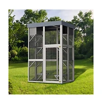 Aostirmotor 70.5 in. H Outdoor Wooden Cat Enclosure with 6 Jumping Platforms 2 Napping Houses Movable tarp cover in Gray