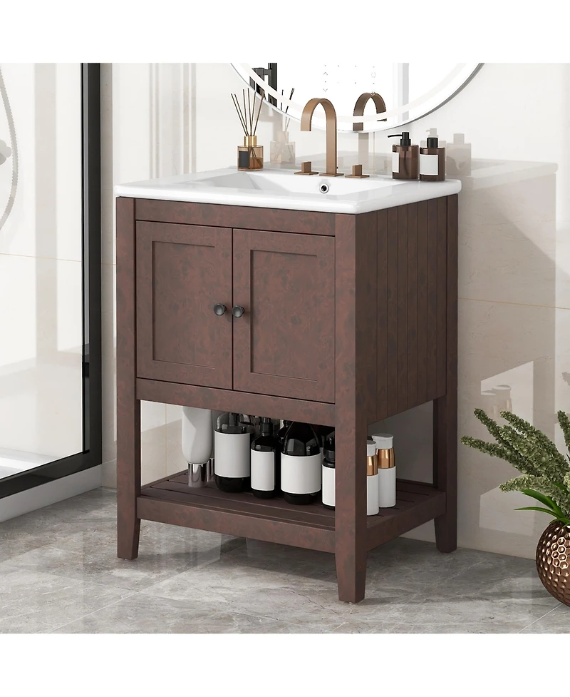 Casainc 24" Modern Bathroom Vanity with Ceramic Sink, Solid Wood Frame, Open Style Shelf