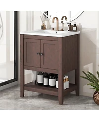 Casainc 24" Modern Bathroom Vanity with Ceramic Sink, Solid Wood Frame, Open Style Shelf