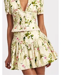 Miss Circle Women Zanelle Green Floral Print Drop Waist Linen Full Skirt