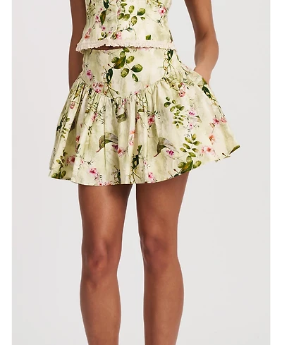 Miss Circle Women Zanelle Green Floral Print Drop Waist Linen Full Skirt