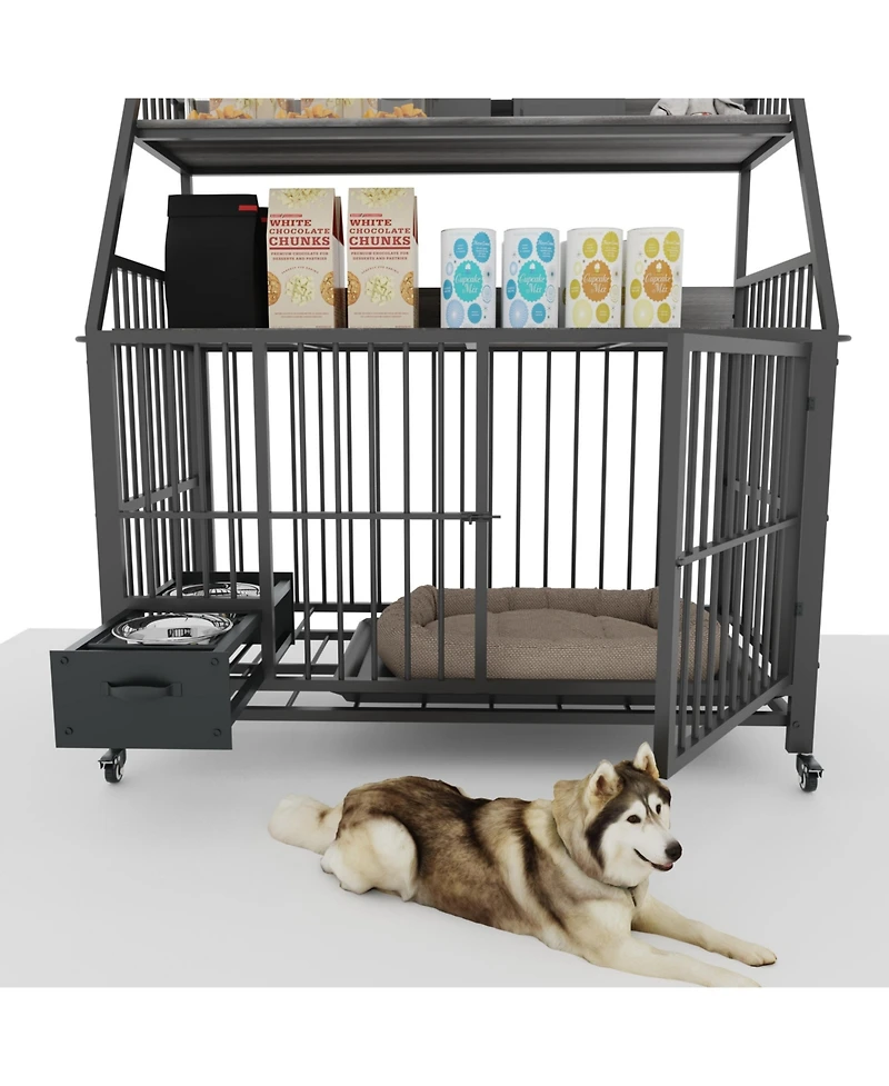 Aostirmotor 35 in. W x 49 in. H x 24 in. D Large Pet Cage with Storage Rack, Drawers with Stainless Steel Food in Black