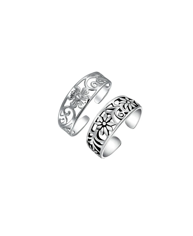 Bling Jewelry Set of 2 Flowers Vine Carved Swirl Filigree Midi Toe Ring Sterling Silver