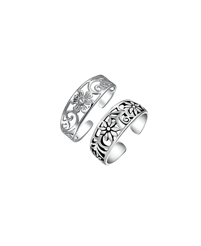 Bling Jewelry Set of 2 Flowers Vine Carved Swirl Filigree Midi Toe Ring Sterling Silver