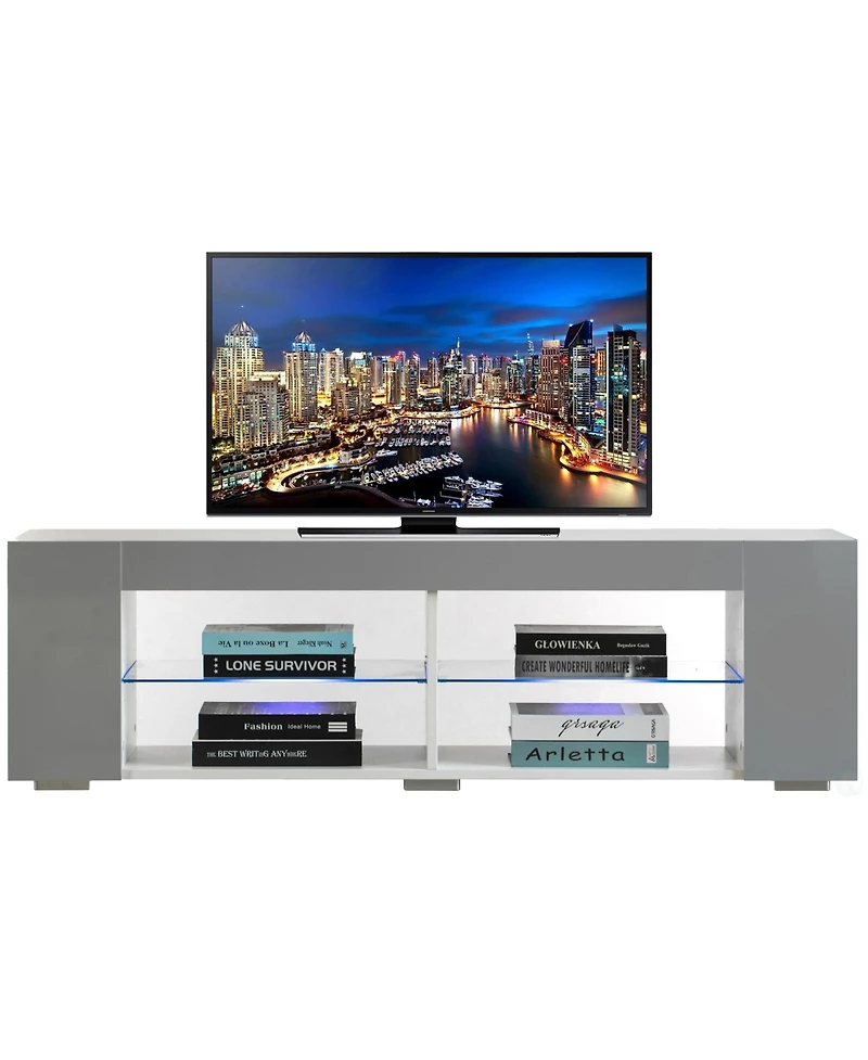 Basicwise White Entertainment Tv Stand with Led Lights and Glass Shelves with Uv Frame