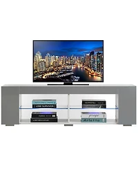 Basicwise White Entertainment Tv Stand with Led Lights and Glass Shelves with Uv Frame