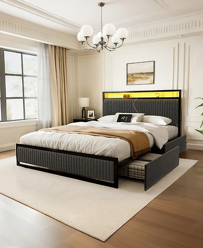 Hausource Upholstered Full Bed Frame with 2 Storage Drawers, Led Headboard, Usb Ports, Dark Gray
