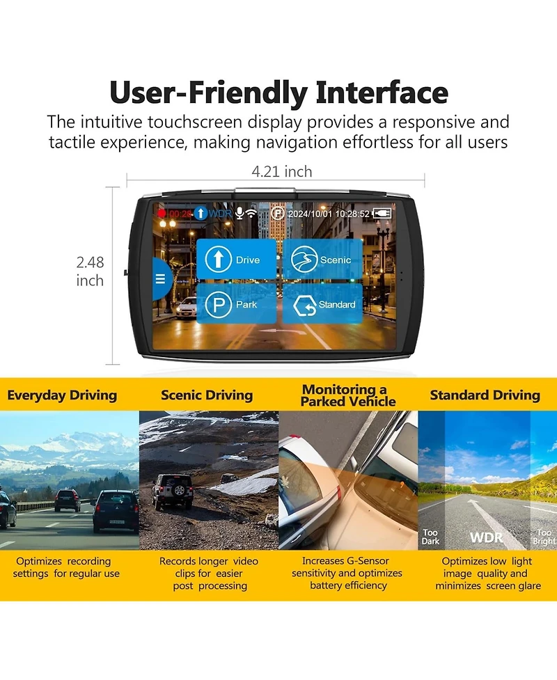 Z-edge T4 4K Dash Cam, 2K Front + 1080P Rear, 4 inch Touchscreen, Wdr Night Vision, G Sensor, Loop Recording, 24 Hour Parking Mode, Built in Wi Fi, Su