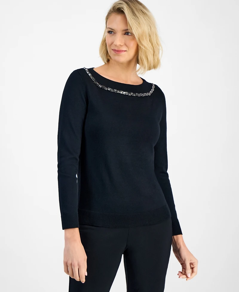 Jm Collection Women's Rhinestone-Trim Sweater, Macy's Exclusive