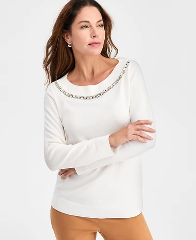 Jm Collection Women's Rhinestone-Trim Sweater, Macy's Exclusive