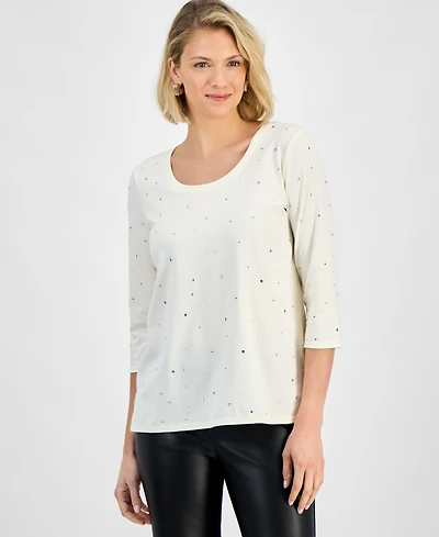 Jm Collection Women's Rhinestone Embellished Cotton 3/4-Sleeve Top, Macy's Exclusive