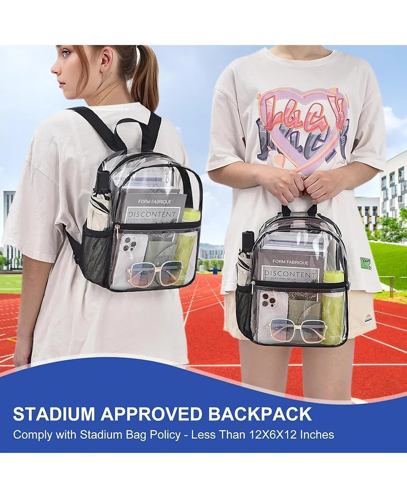 Clear Backpack Stadium Approved 12×12×6 Clear Mini Backpack Small Transparent Backpack for Concert, Beach, Work, Travel & Sporting Black