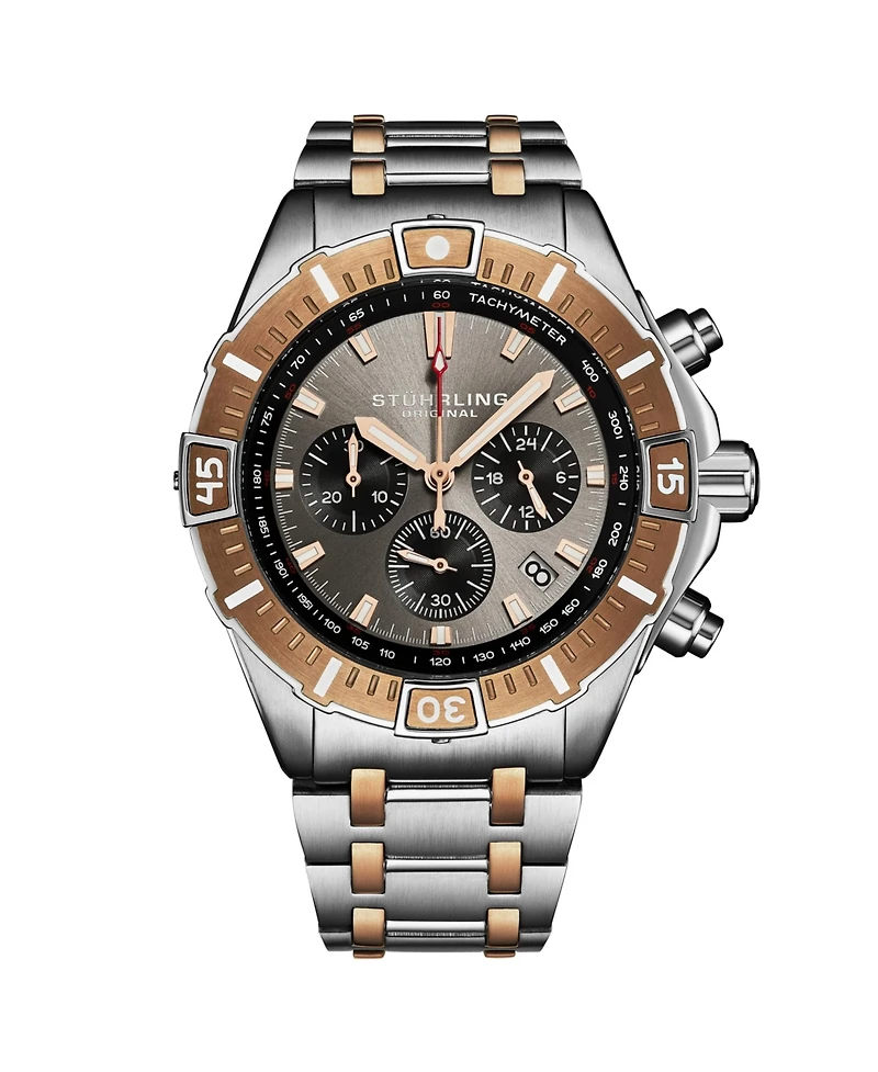 Stuhrling 1022 Men s Chronograph Watch Quartz Movement Gunmetal Dial Black Subdials Black Bezel Two Tone Stainless Steel Bracelet 50M Water Resistant