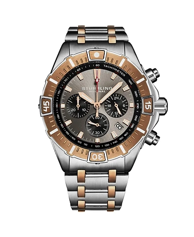 Stuhrling 1022 Men s Chronograph Watch Quartz Movement Gunmetal Dial Black Subdials Black Bezel Two Tone Stainless Steel Bracelet 50M Water Resistant