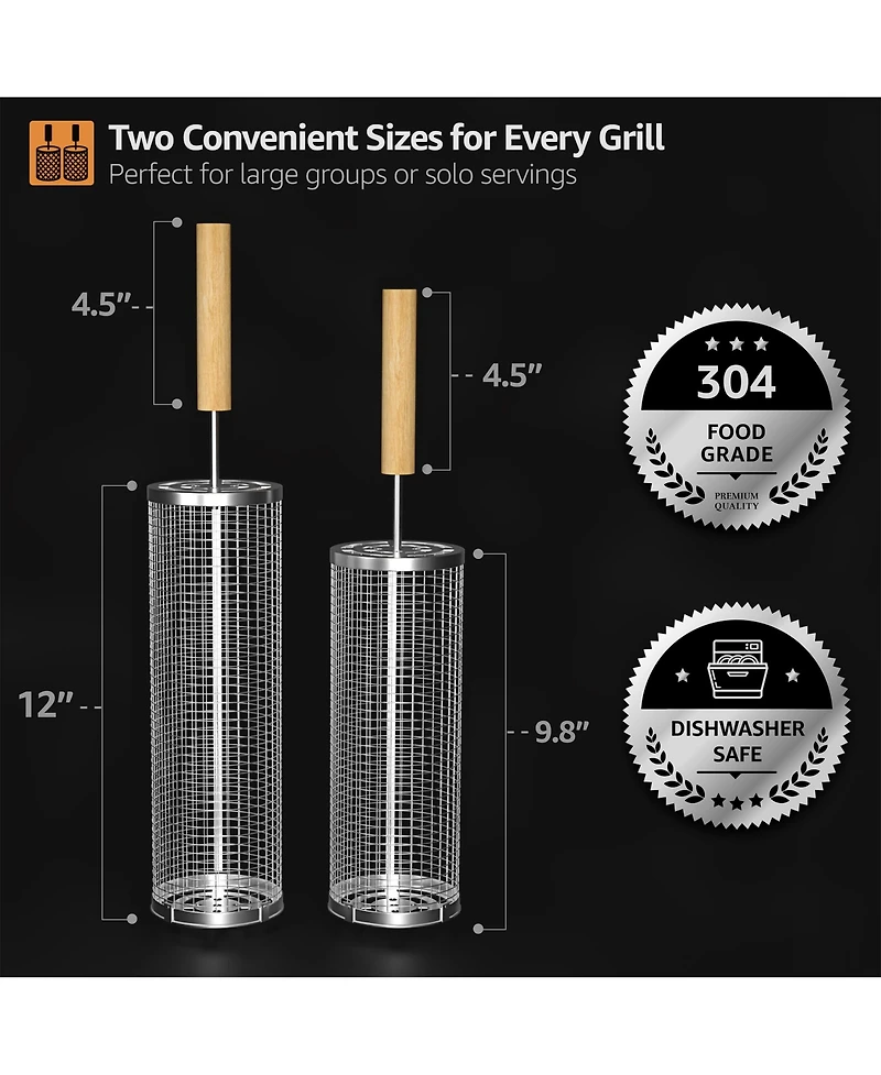 Sorbus 2 Pack Stainless Stee Rolling Grill Baskets with Removable Wooden Handle - Bbq, Outdoor Cooking, Camping