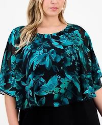 Connected Plus Short-Sleeve Cape Overlay Jersey Dress