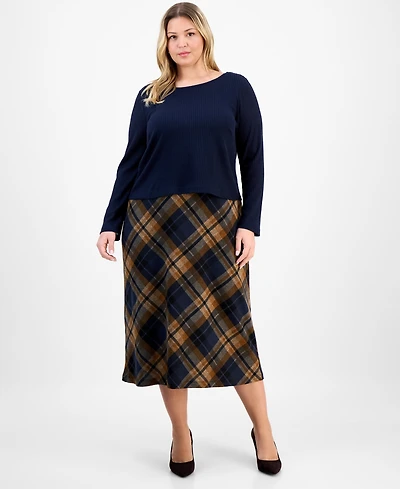 Connected Plus Sweater-Top Plaid-Skirt Dress