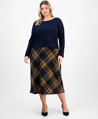 Connected Plus Sweater-Top Plaid-Skirt Dress