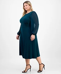 Connected Plus Shirred-Waist Sheer-Sleeve Midi Dress