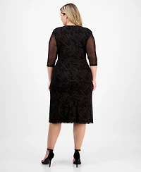 Connected Plus V-Neck Mesh Elbow-Sleeve Dress