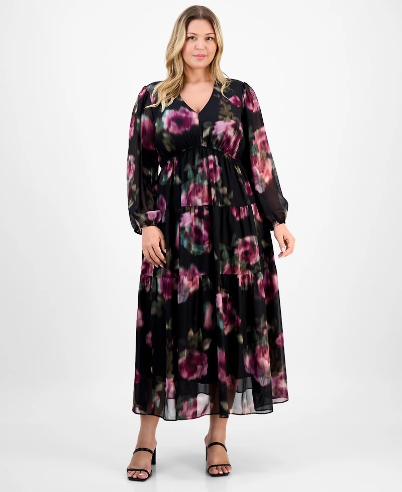 Robbie Bee Plus V-Neck Printed Chiffon Long-Sleeve Maxi Dress