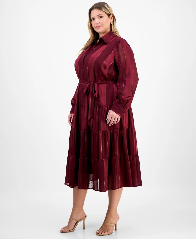 Robbie Bee Plus Long-Sleeve Satin Stripe Shirtdress