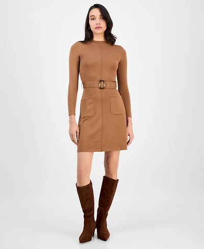Robbie Bee Petite Belted Mock Neck Sweater Dress