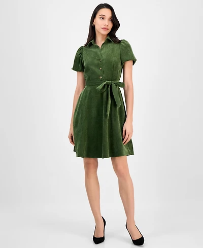 Robbie Bee Petite Short-Sleeve Button-Front Corduroy Shirtdress
