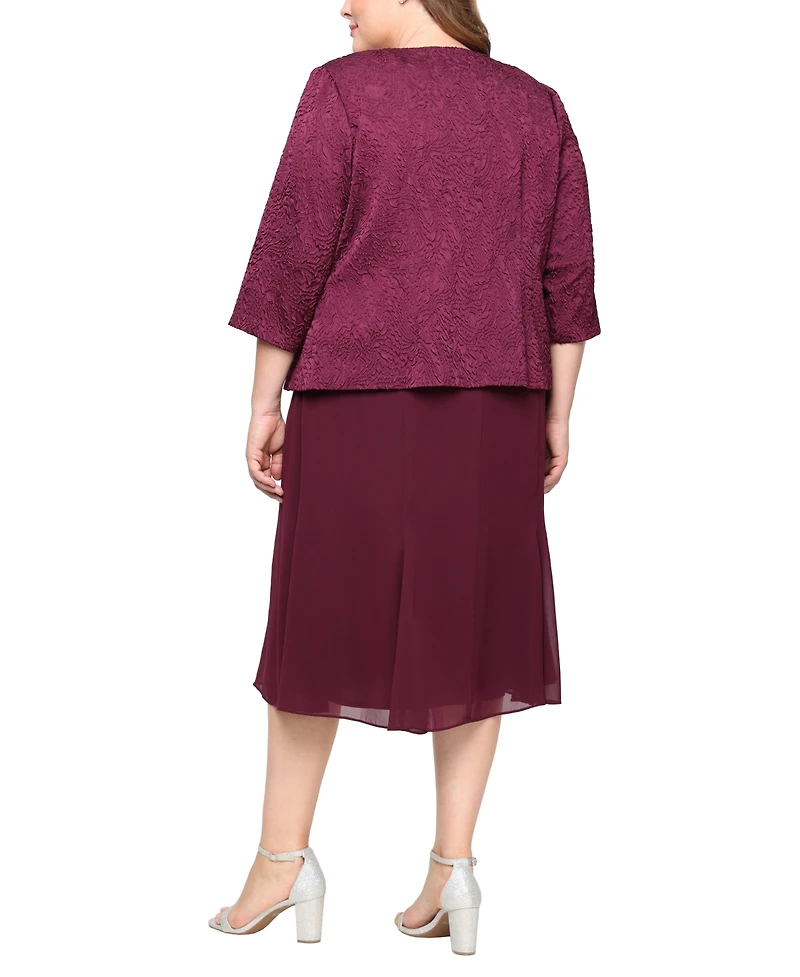 Alex Evenings Plus Tea Length Textured Jacquard 3/4-Sleeve Midi Jacket Dress