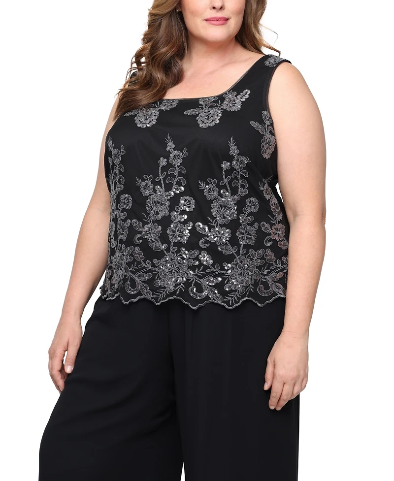 Alex Evenings Plus 3/4-Sleeve Embroidered Jacket and Tank Twinset
