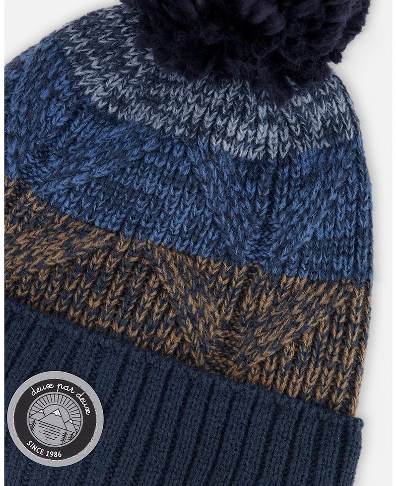 Deux par Boy Lined Knit Pompom Hat Taupe and Navy - Toddler|Child