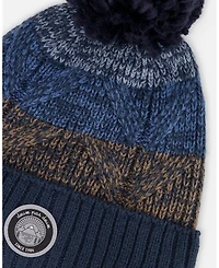 Deux par Boy Lined Knit Pompom Hat Taupe and Navy - Toddler|Child