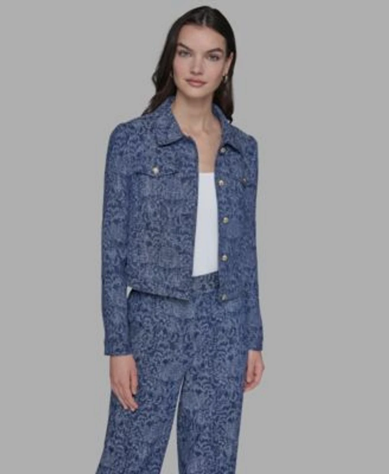 Karl Lagerfeld Paris Womens Printed Denim Button Front Jacket P Xs Xl