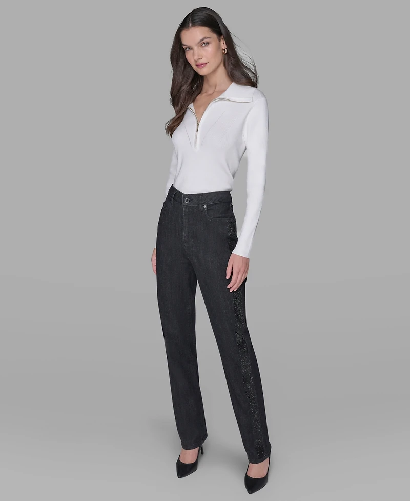 Karl Lagerfeld Paris Women's Rhinestone-Stripe Straight-Leg Jeans