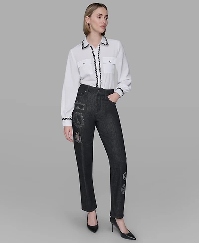 Karl Lagerfeld Paris Women's Patch Denim Straight-Leg Jeans