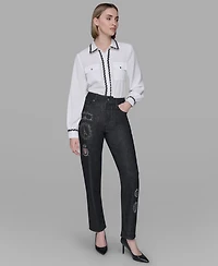 Karl Lagerfeld Paris Women's Patch Denim Straight-Leg Jeans
