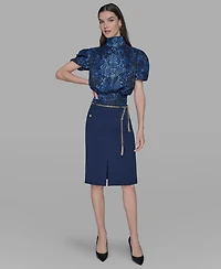 Karl Lagerfeld Paris Women's Metallic Printed Puff-Sleeve Top