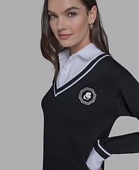 Karl Lagerfeld Paris Women's Twofer Patch V-Neck Sweater